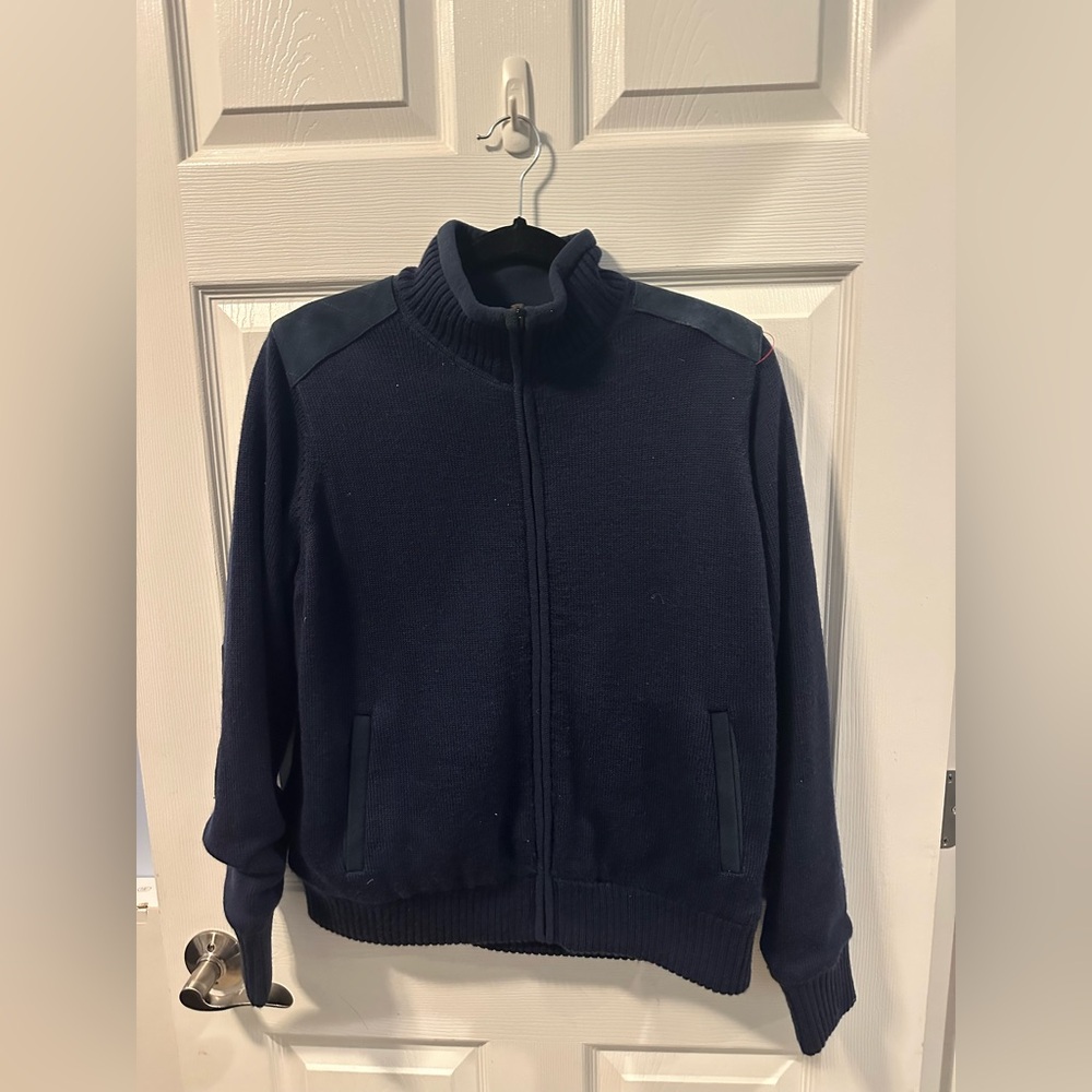 Orvis 100% Merino Wool Full Zip Sweater Jacket Men’s M Navy Elbow Patch